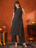 Black Geometric Striped Sleeveless A-Line Kurta With Matching Palazzo Pant, Black - Hiral Fashion | Grocsy