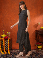 Black Geometric Striped Sleeveless A-Line Kurta With Matching Palazzo Pant, Black - Hiral Fashion | Grocsy