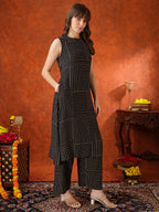 Black Geometric Striped Sleeveless A-Line Kurta With Matching Palazzo Pant, Black - Hiral Fashion | Grocsy