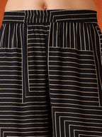 Black Geometric Striped Sleeveless A-Line Kurta With Matching Palazzo Pant, Black - Hiral Fashion | Grocsy