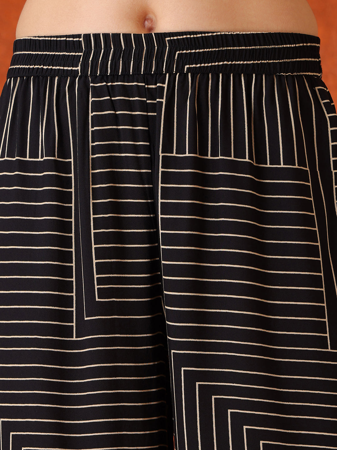 Black Geometric Striped Sleeveless A-Line Kurta With Matching Palazzo Pant, Black - Hiral Fashion | Grocsy