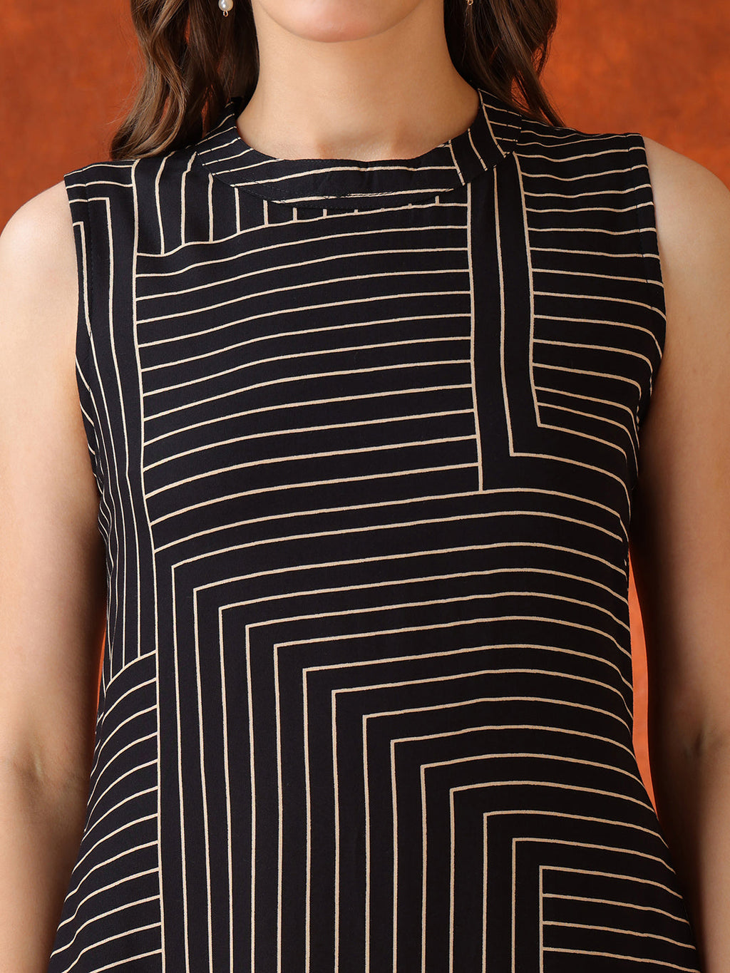 Black Geometric Striped Sleeveless A-Line Kurta With Matching Palazzo Pant, Black - Hiral Fashion | Grocsy