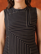 Black Geometric Striped Sleeveless A-Line Kurta With Matching Palazzo Pant, Black - Hiral Fashion | Grocsy