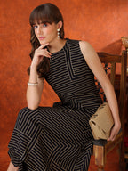 Black Geometric Striped Sleeveless A-Line Kurta With Matching Palazzo Pant, Black - Hiral Fashion | Grocsy