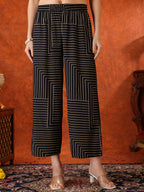 Black Geometric Striped Sleeveless A-Line Kurta With Matching Palazzo Pant, Black - Hiral Fashion | Grocsy