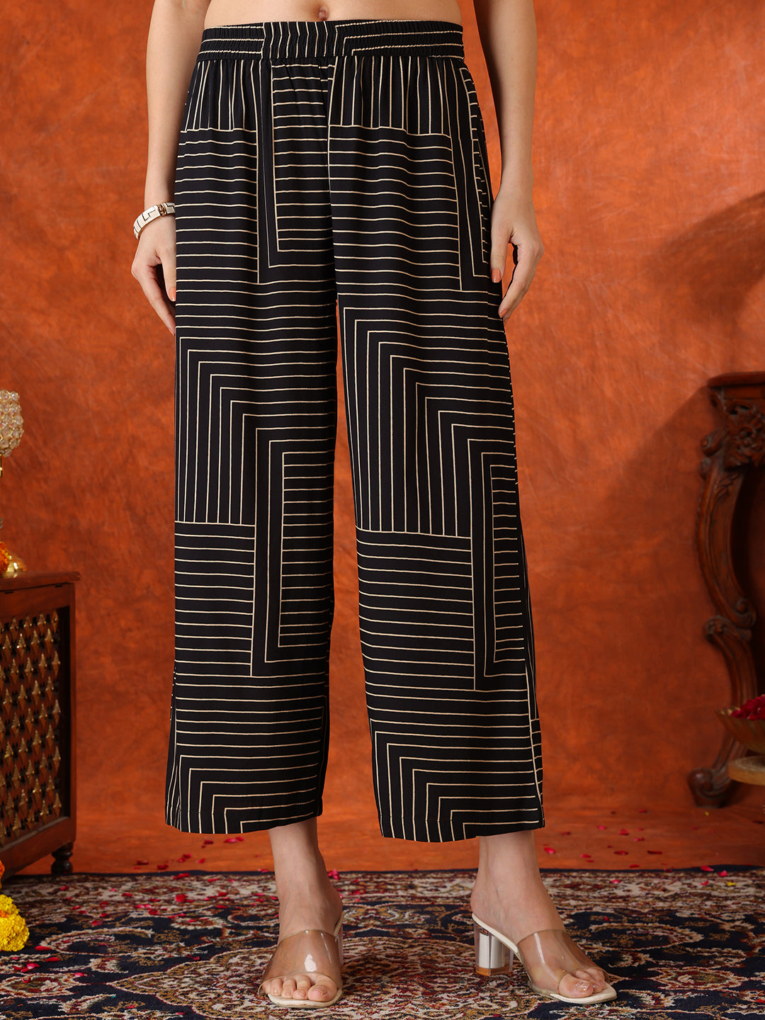 Black Geometric Striped Sleeveless A-Line Kurta With Matching Palazzo Pant, Black - Hiral Fashion | Grocsy
