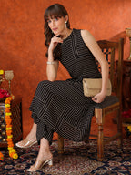 Black Geometric Striped Sleeveless A-Line Kurta With Matching Palazzo Pant, Black - Hiral Fashion | Grocsy