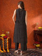 Black Geometric Striped Sleeveless A-Line Kurta With Matching Palazzo Pant, Black - Hiral Fashion | Grocsy