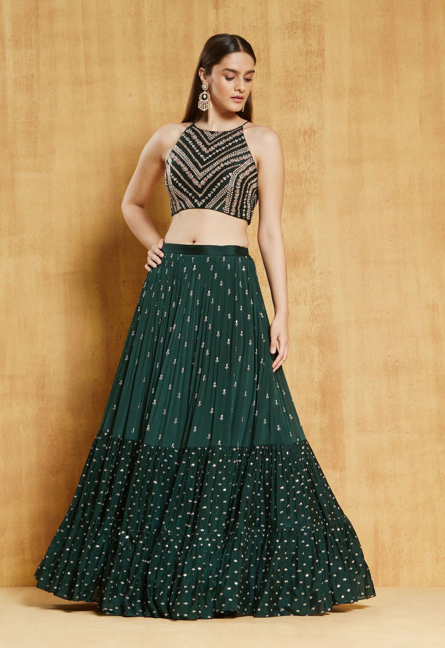 Jyoti Fashion Bottle Green Sequence Embroidery Georgette Designer Lehenga Choli with Dupatta | Grocsy