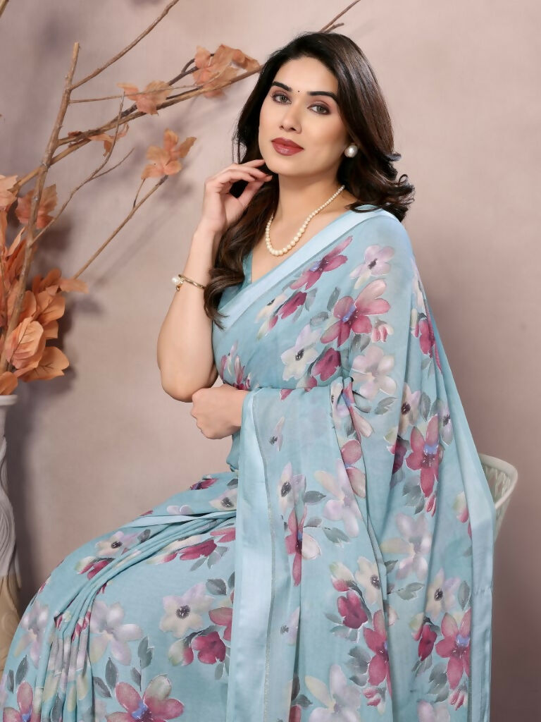Designer Partywear Light Blue Bright Moss Satin Patta Fancy Saree - Kanak | Grocsy