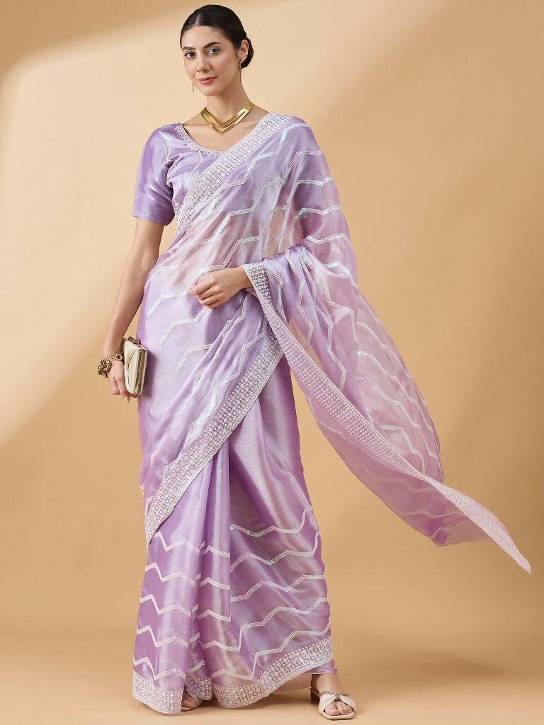 Purple Tissue Slub Embroidered Saree with Unstitched Blouse - Vairagi | Grocsy