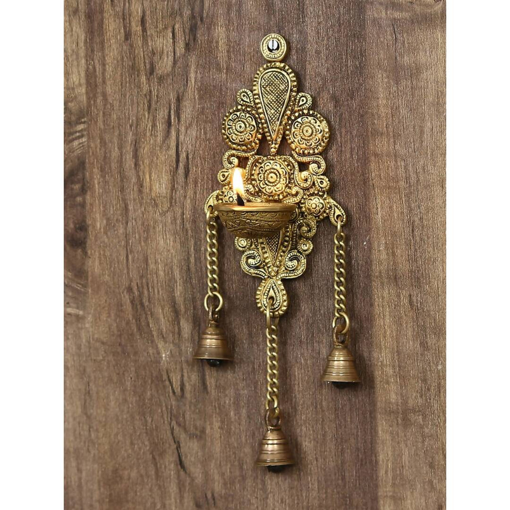 eCraftIndia Gold-Toned Handcrafted Antique Finish Diya with Bells Decorative Wall Hanging Showpiece | Grocsy