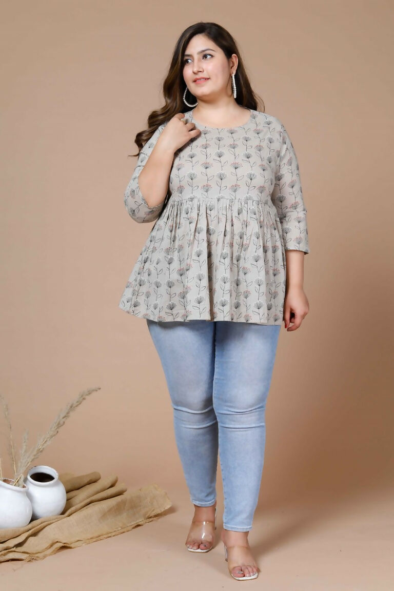 Miravan Women's Beige Plus Size Cotton Floral Printed Short Kurti | Grocsy