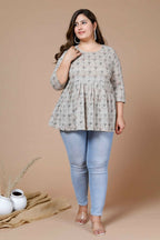 Miravan Women's Beige Plus Size Cotton Floral Printed Short Kurti | Grocsy