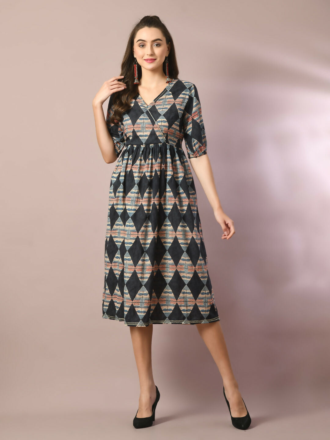Myshka Women's Multi Printed Cotton V-Neck Empire Party Dress | Grocsy