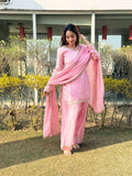 Teeya Creation Womens New Festive Wear Hand Made Real Mirror Pal Moti Lace Baby-Pink Kurta Set | Grocsy