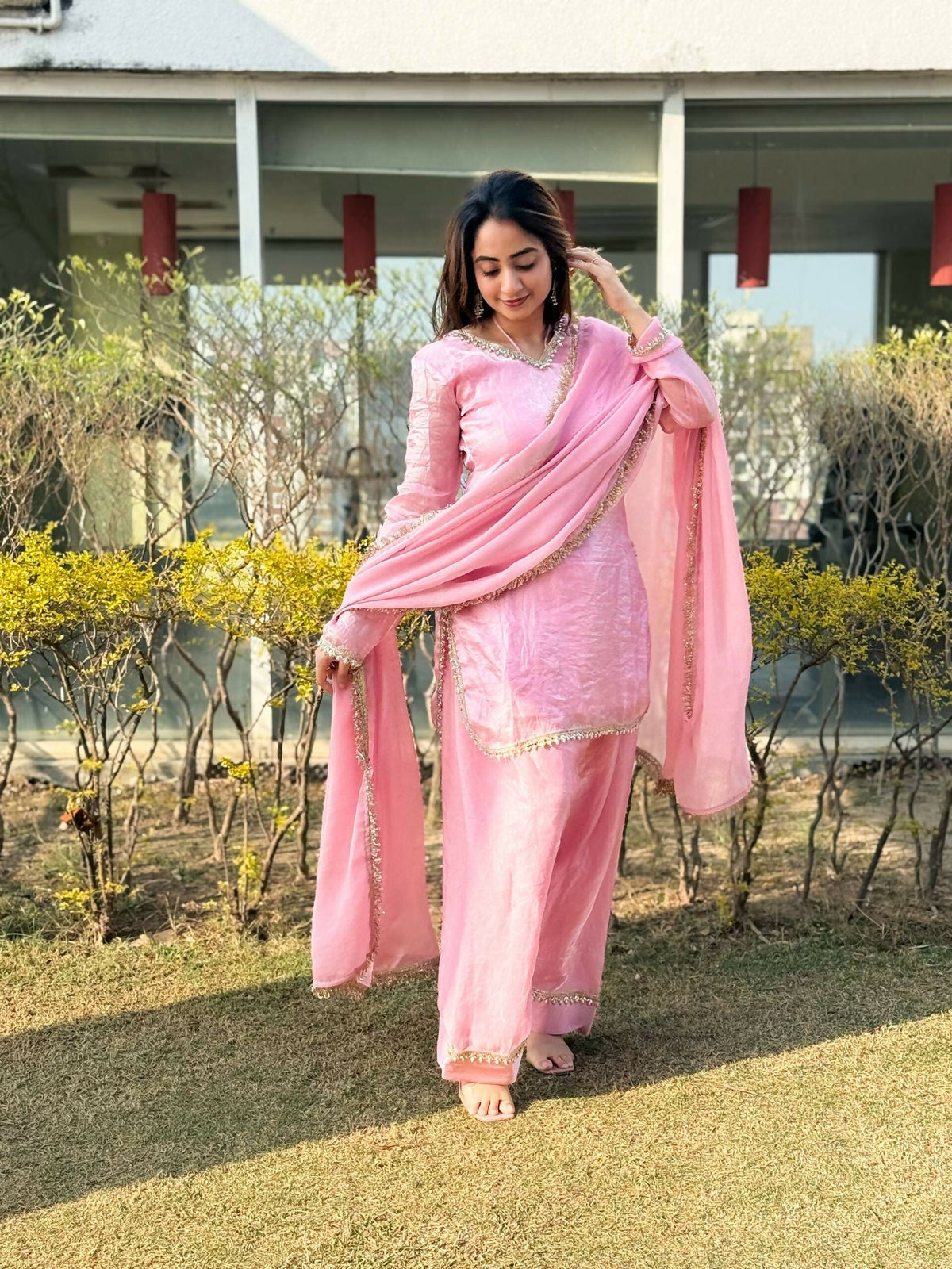 Teeya Creation Womens New Festive Wear Hand Made Real Mirror Pal Moti Lace Baby-Pink Kurta Set | Grocsy