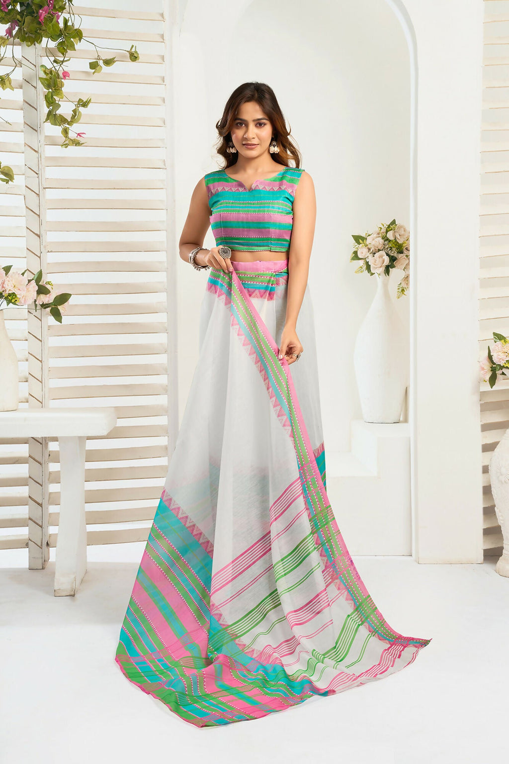 Vastranavya Multicolor Digital Printed Linen Ready To Wear Designer Saree with Unstitched Blouse | Grocsy