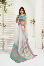 Vastranavya Multicolor Digital Printed Linen Ready To Wear Designer Saree with Unstitched Blouse | Grocsy