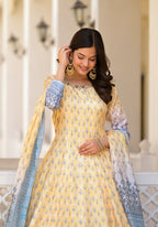 Partywear Designer Yellow Dola Silk Anarkali suit with Dupatta - Samyukta | Grocsy