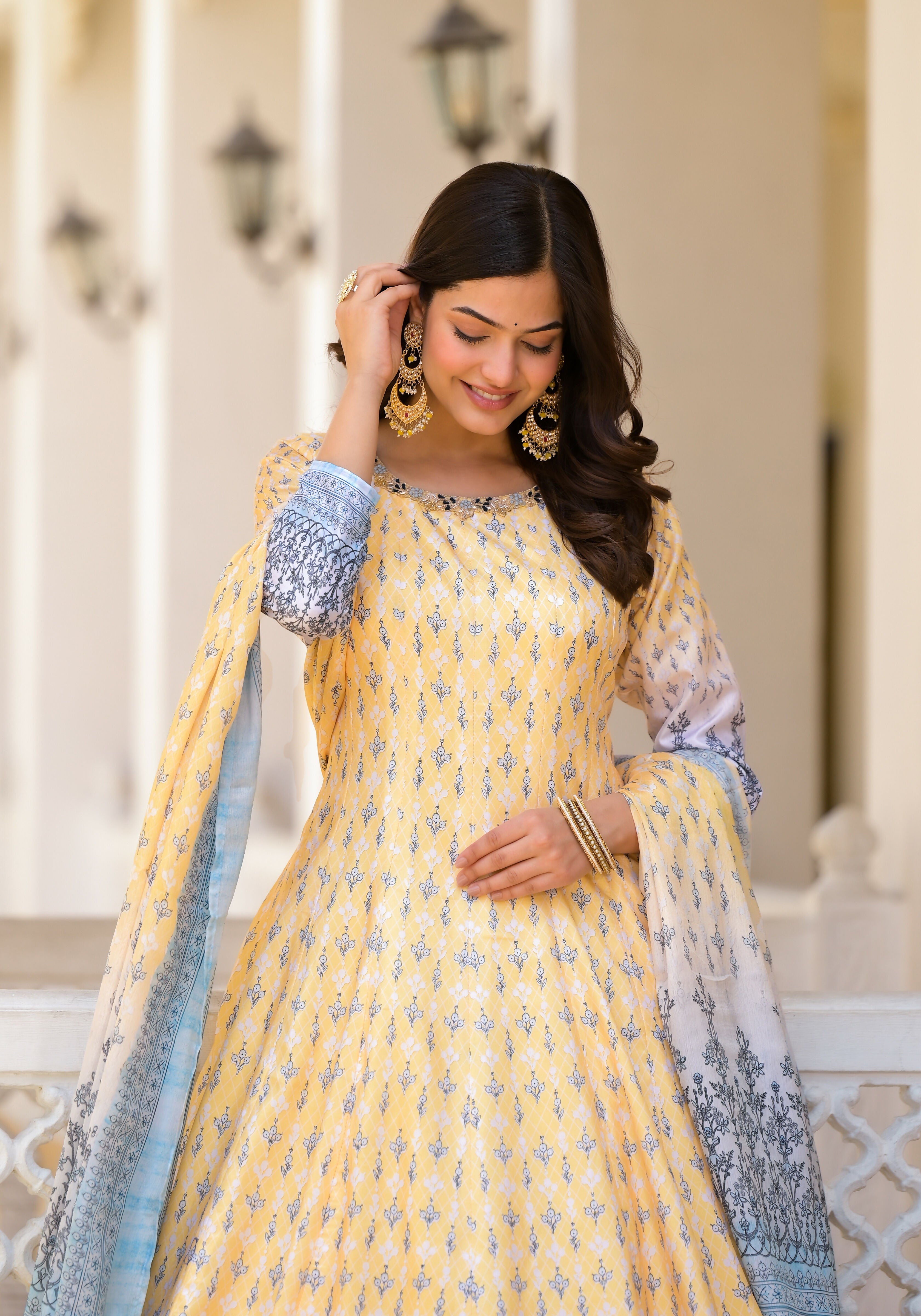 Partywear Designer Yellow Dola Silk Anarkali suit with Dupatta - Samyukta | Grocsy