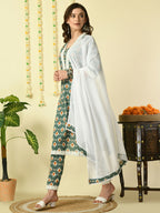 Myshka Women's Green Pure Cotton Kurta & Trousers With Dupatta Party Sets | Grocsy