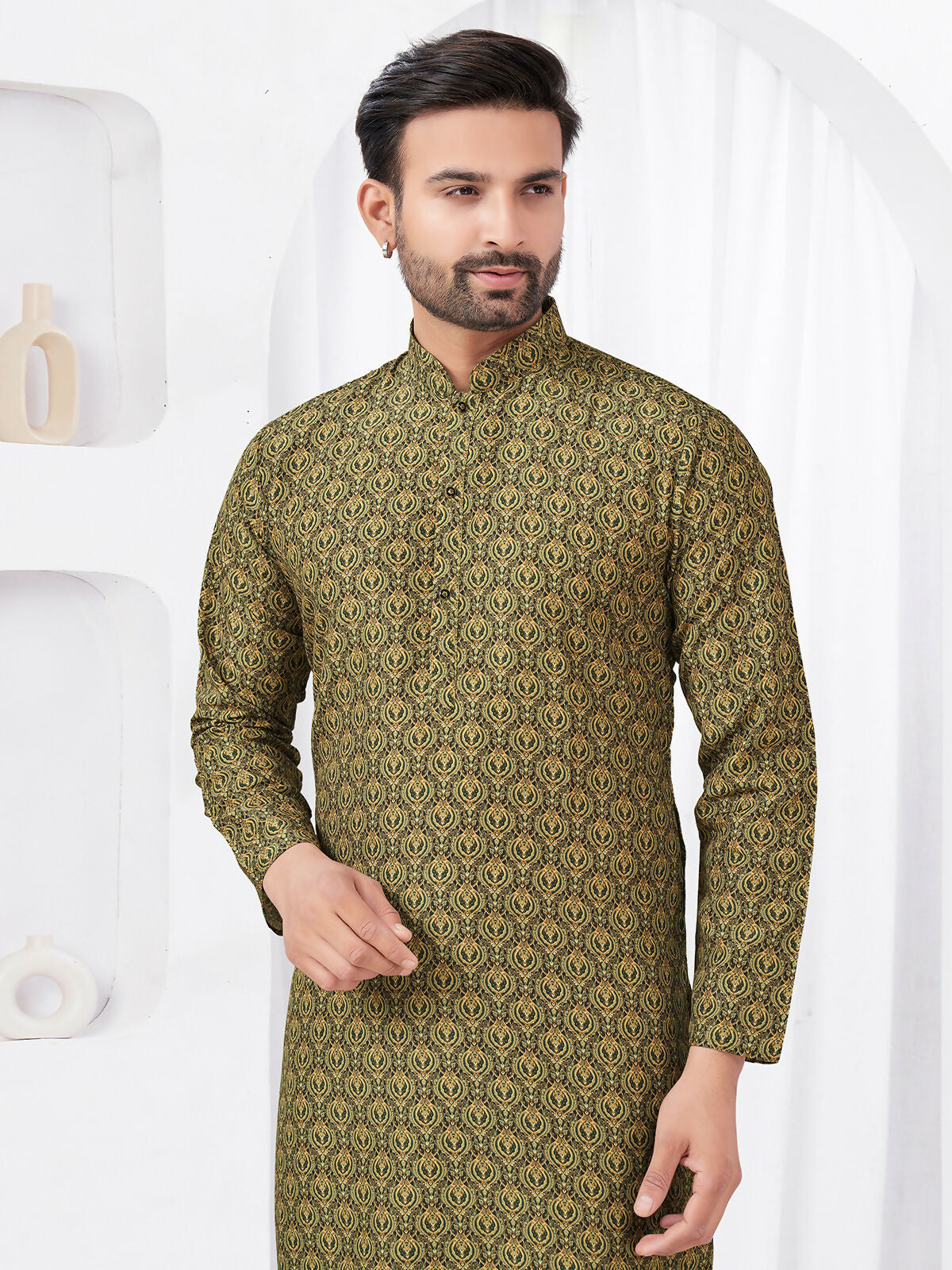 Joban Fashion Men's Rayon Cotton Olive Printed Kurta Pyjama set | Grocsy
