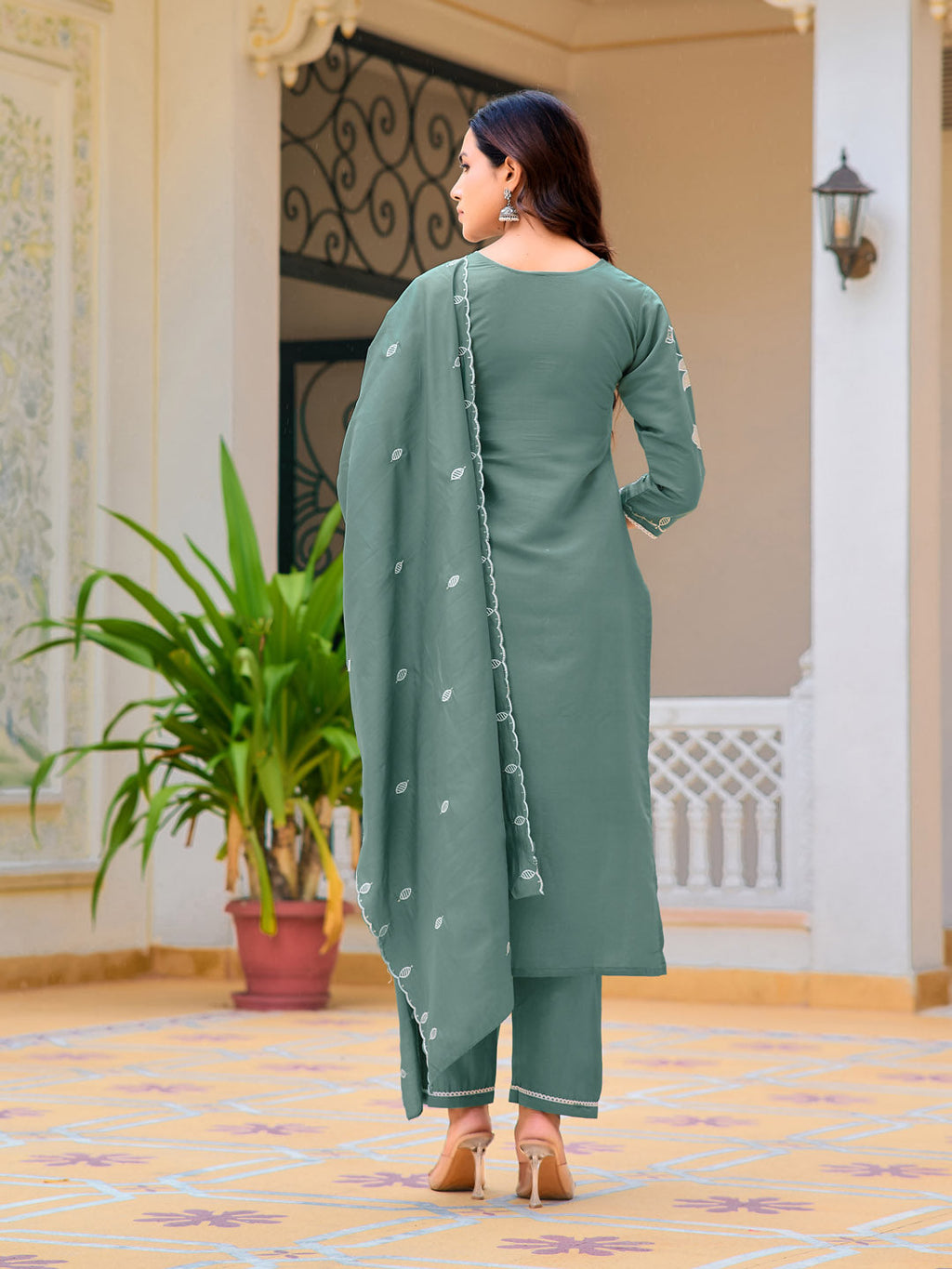 Embroidered Kurta With Pant & Embroidered Dupatta, Green - Hiral Fashion | Grocsy