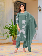 Embroidered Kurta With Pant & Embroidered Dupatta, Green - Hiral Fashion | Grocsy