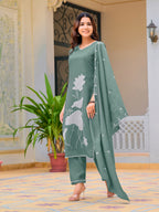 Embroidered Kurta With Pant & Embroidered Dupatta, Green - Hiral Fashion | Grocsy