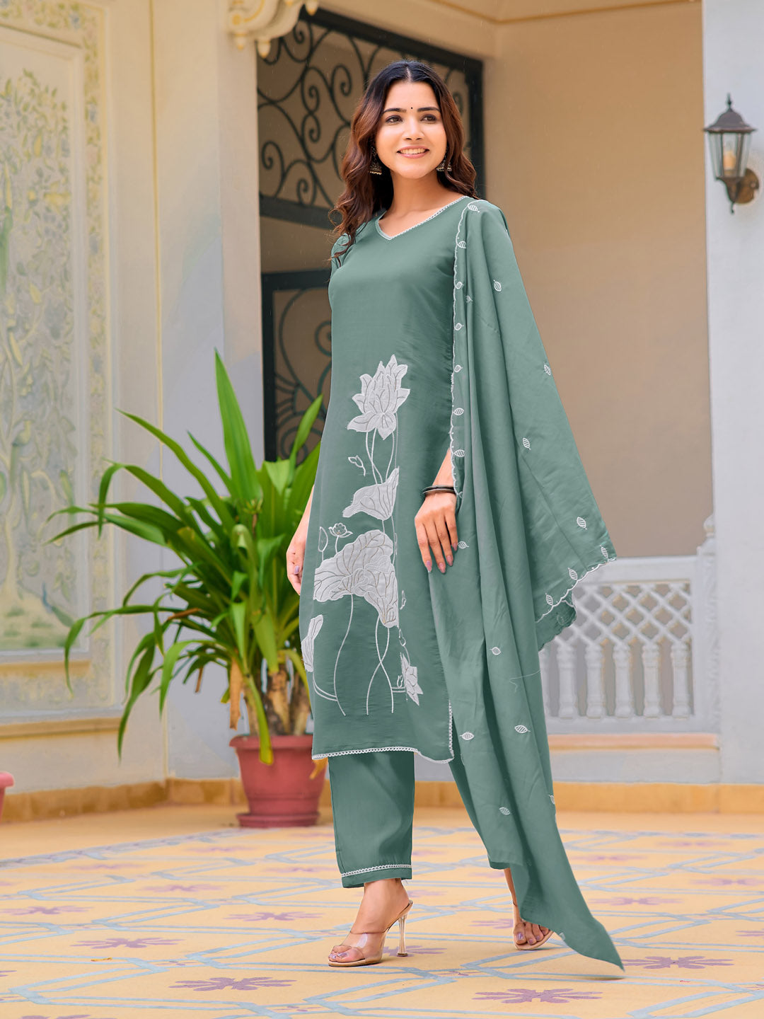 Embroidered Kurta With Pant & Embroidered Dupatta, Green - Hiral Fashion | Grocsy