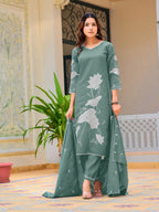 Embroidered Kurta With Pant & Embroidered Dupatta, Green - Hiral Fashion | Grocsy