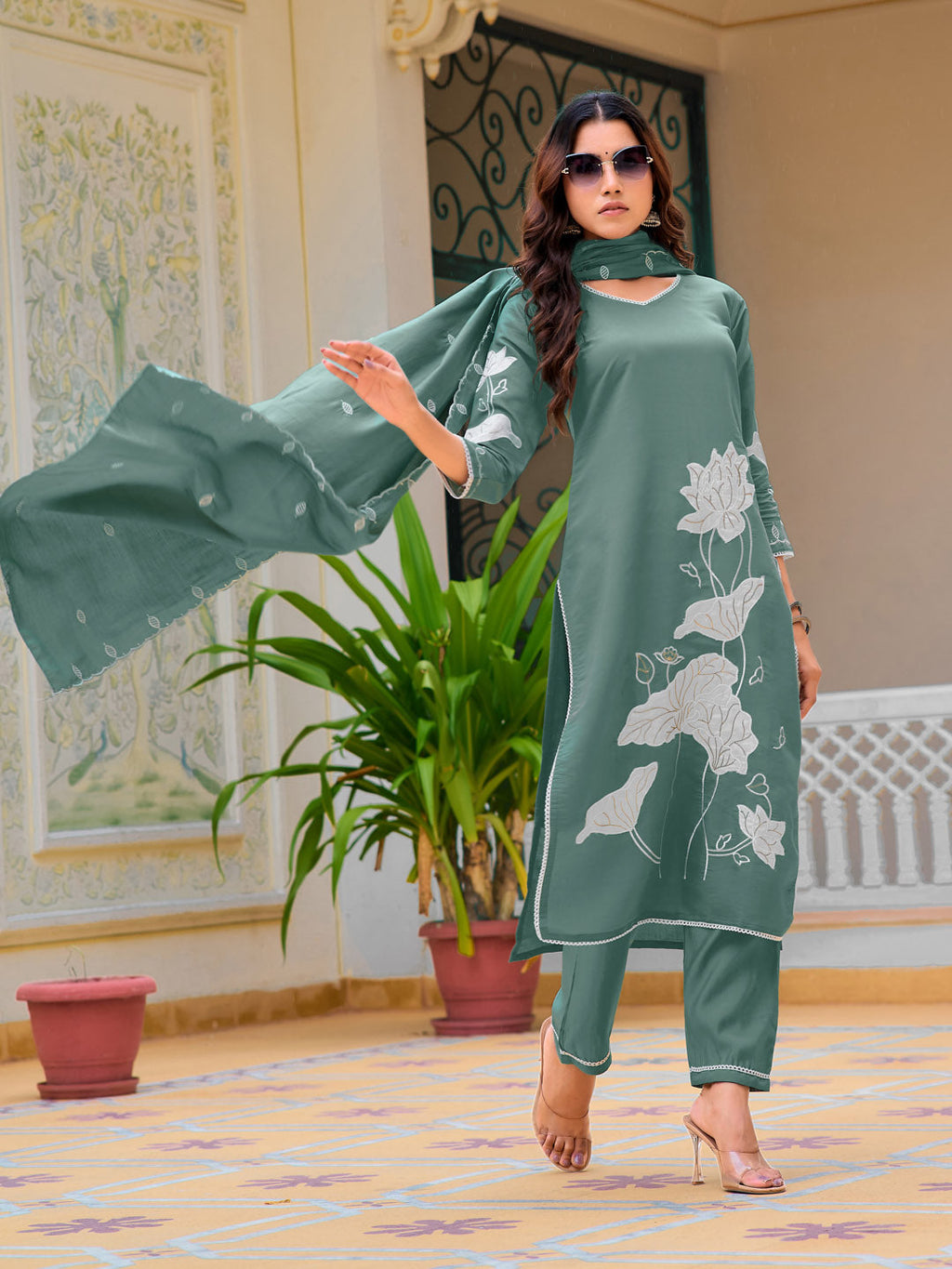 Embroidered Kurta With Pant & Embroidered Dupatta, Green - Hiral Fashion | Grocsy