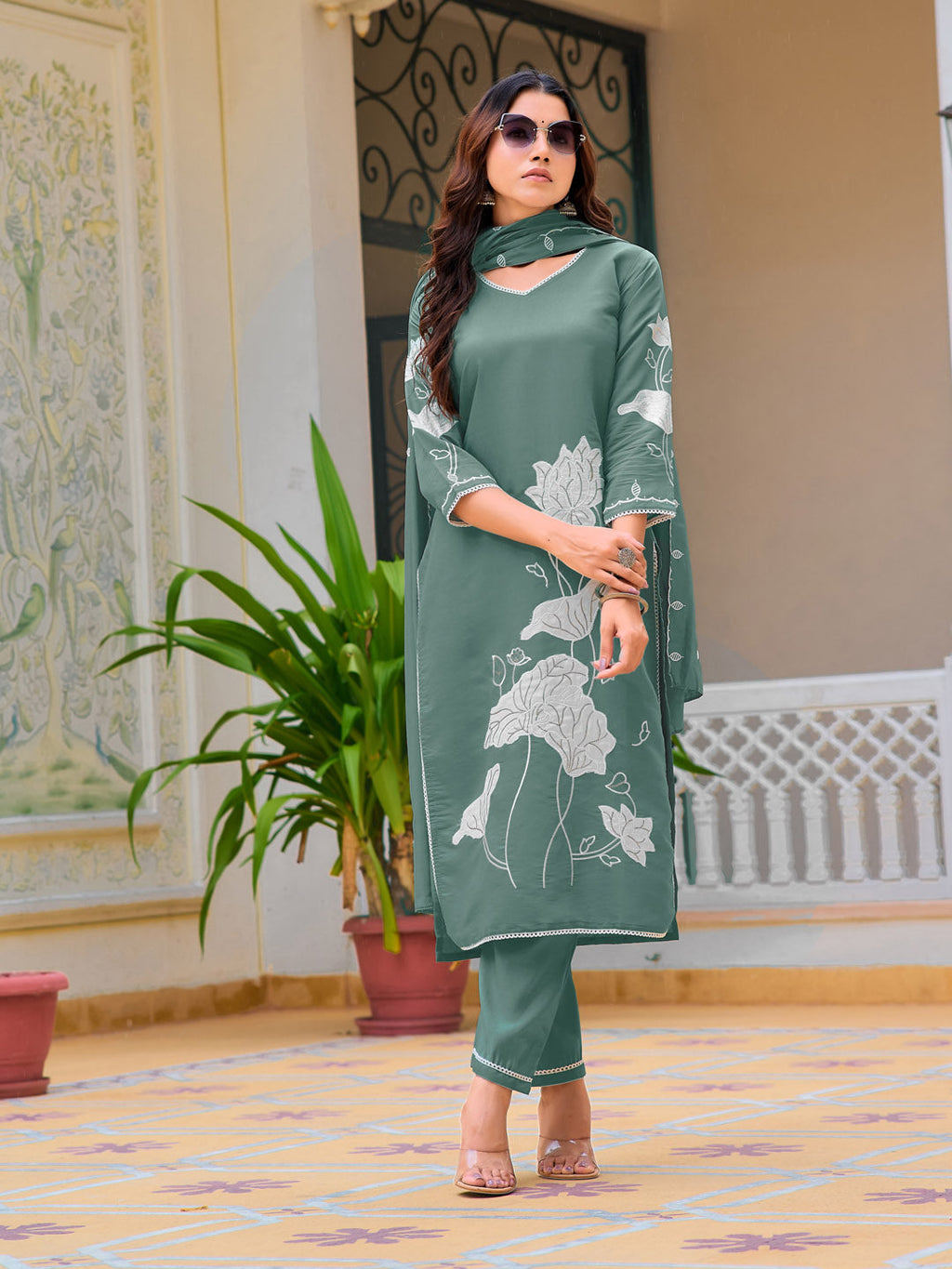 Embroidered Kurta With Pant & Embroidered Dupatta, Green - Hiral Fashion | Grocsy