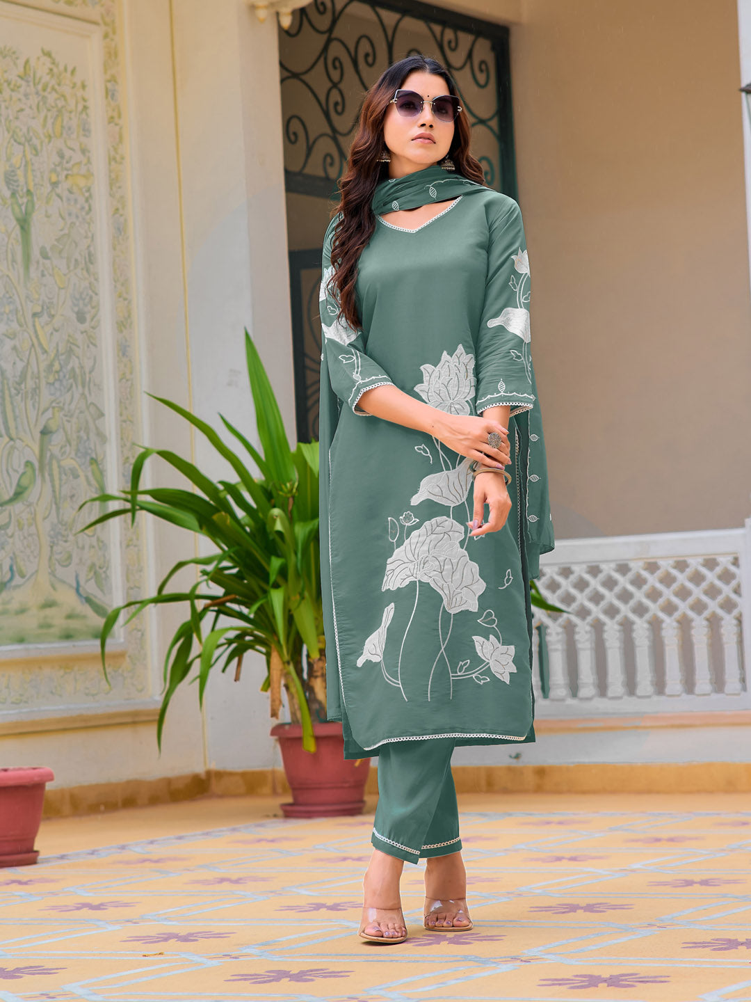 Embroidered Kurta With Pant & Embroidered Dupatta, Green - Hiral Fashion | Grocsy