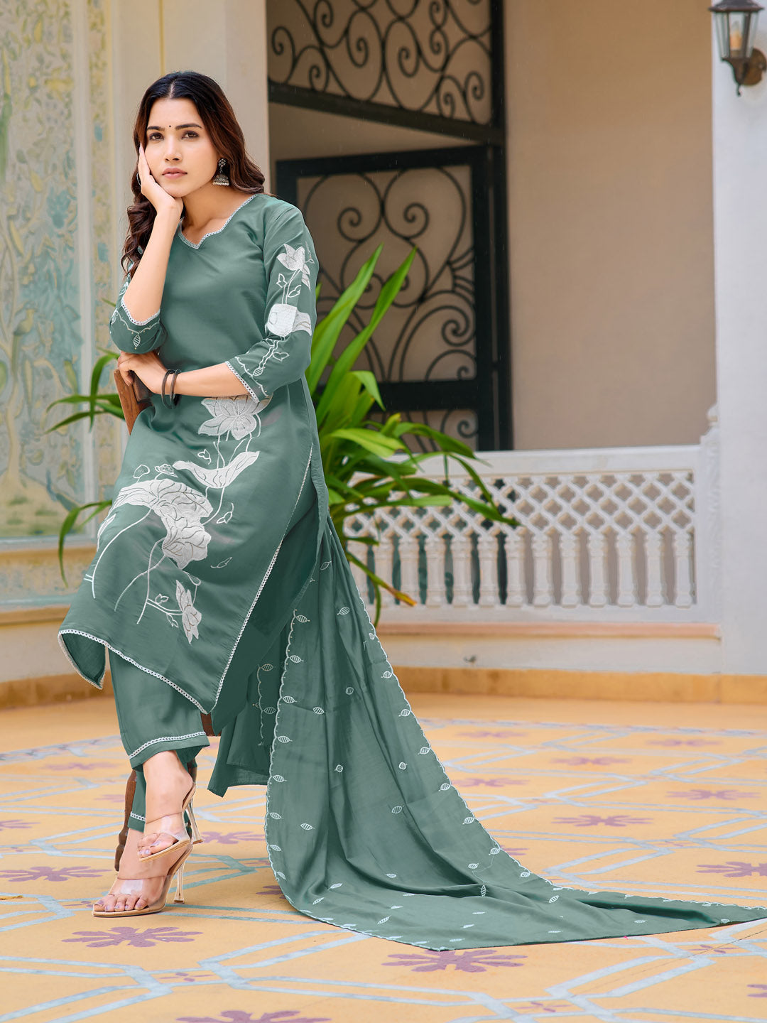 Embroidered Kurta With Pant & Embroidered Dupatta, Green - Hiral Fashion | Grocsy