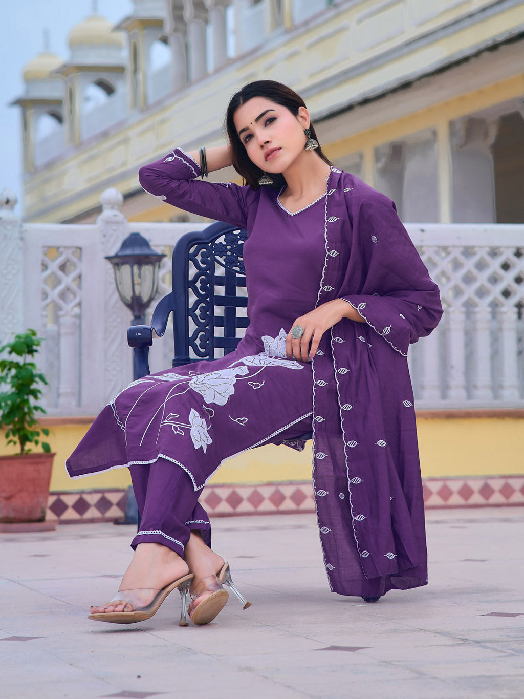 Embroidered Kurta With Pant & Embroidered Dupatta, Purple - Hiral Fashion | Grocsy