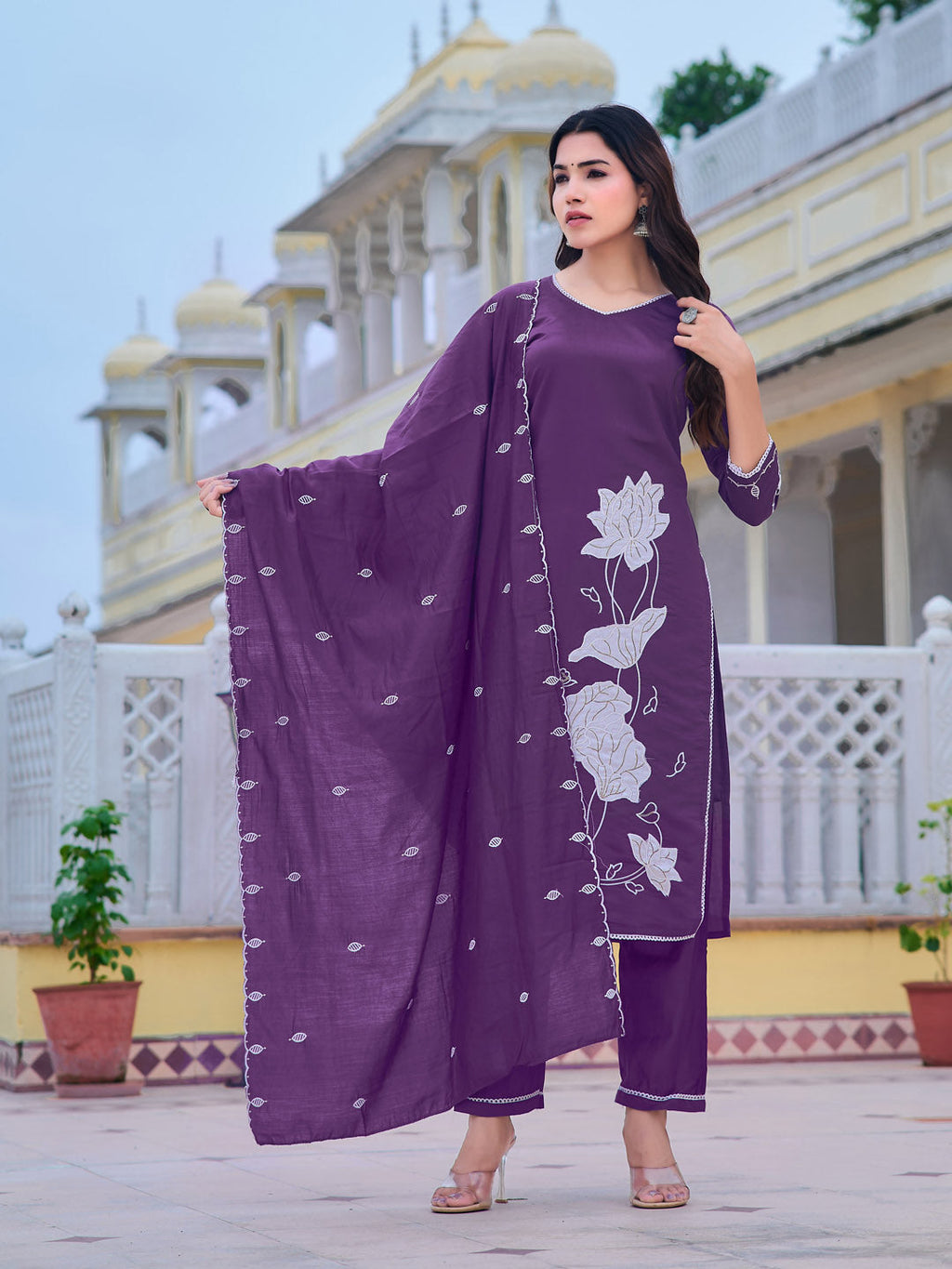 Embroidered Kurta With Pant & Embroidered Dupatta, Purple - Hiral Fashion | Grocsy