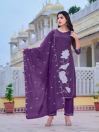 Embroidered Kurta With Pant & Embroidered Dupatta, Purple - Hiral Fashion | Grocsy