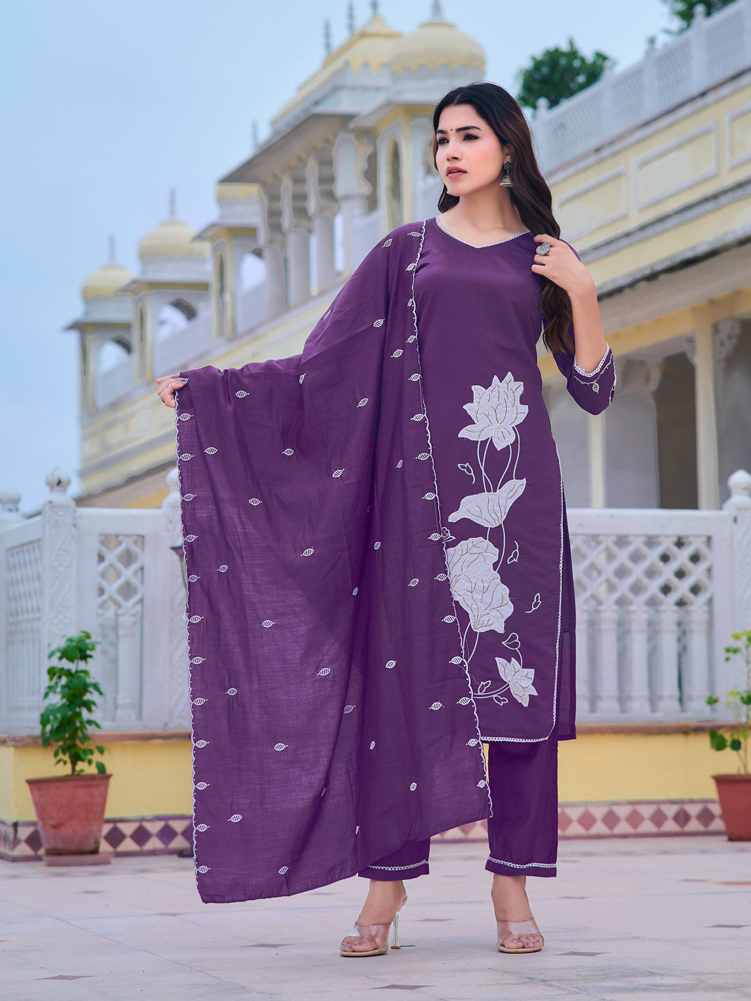 Embroidered Kurta With Pant & Embroidered Dupatta, Purple - Hiral Fashion | Grocsy