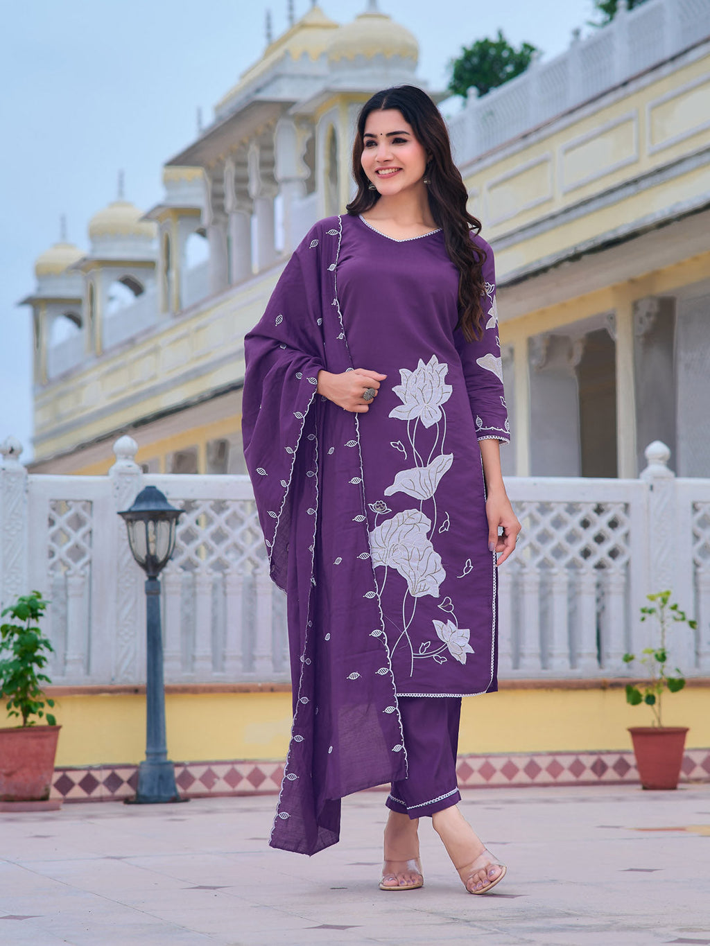 Embroidered Kurta With Pant & Embroidered Dupatta, Purple - Hiral Fashion | Grocsy