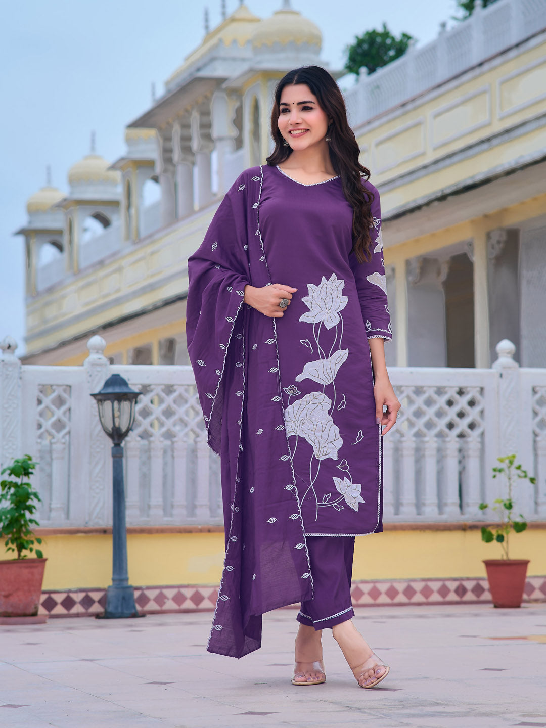 Embroidered Kurta With Pant & Embroidered Dupatta, Purple - Hiral Fashion | Grocsy
