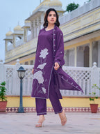 Embroidered Kurta With Pant & Embroidered Dupatta, Purple - Hiral Fashion | Grocsy