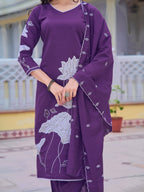 Embroidered Kurta With Pant & Embroidered Dupatta, Purple - Hiral Fashion | Grocsy