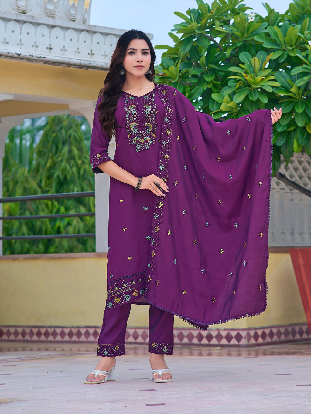 Embroidered Kurta With Pant & Embroidered Dupatta, Purple - Hiral Fashion | Grocsy
