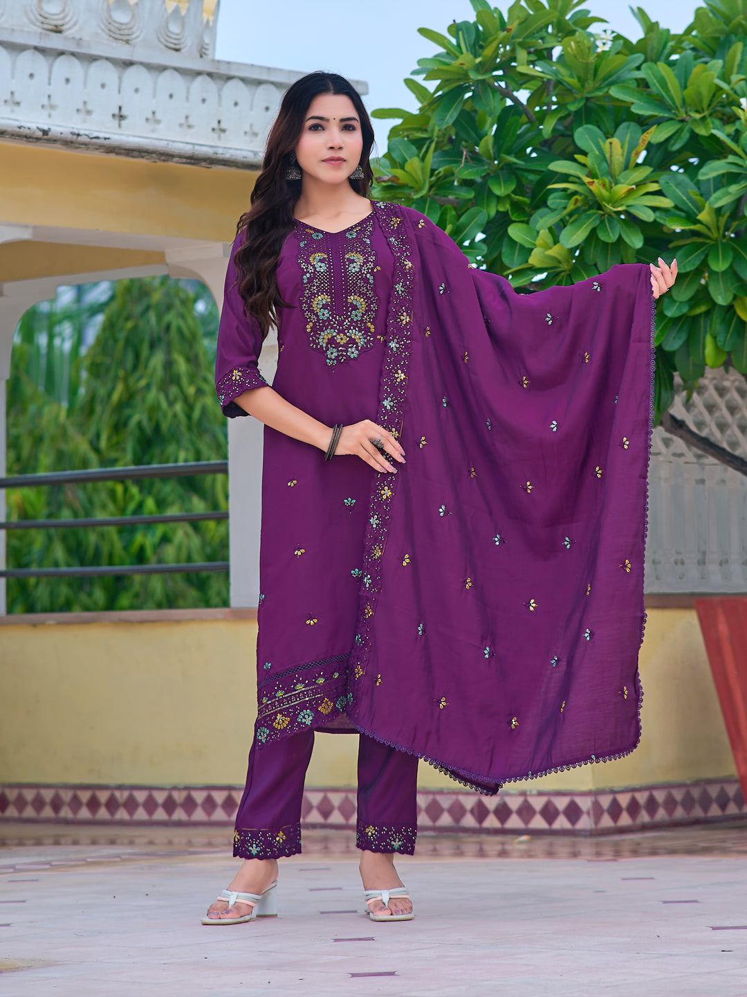 Embroidered Kurta With Pant & Embroidered Dupatta, Purple - Hiral Fashion | Grocsy