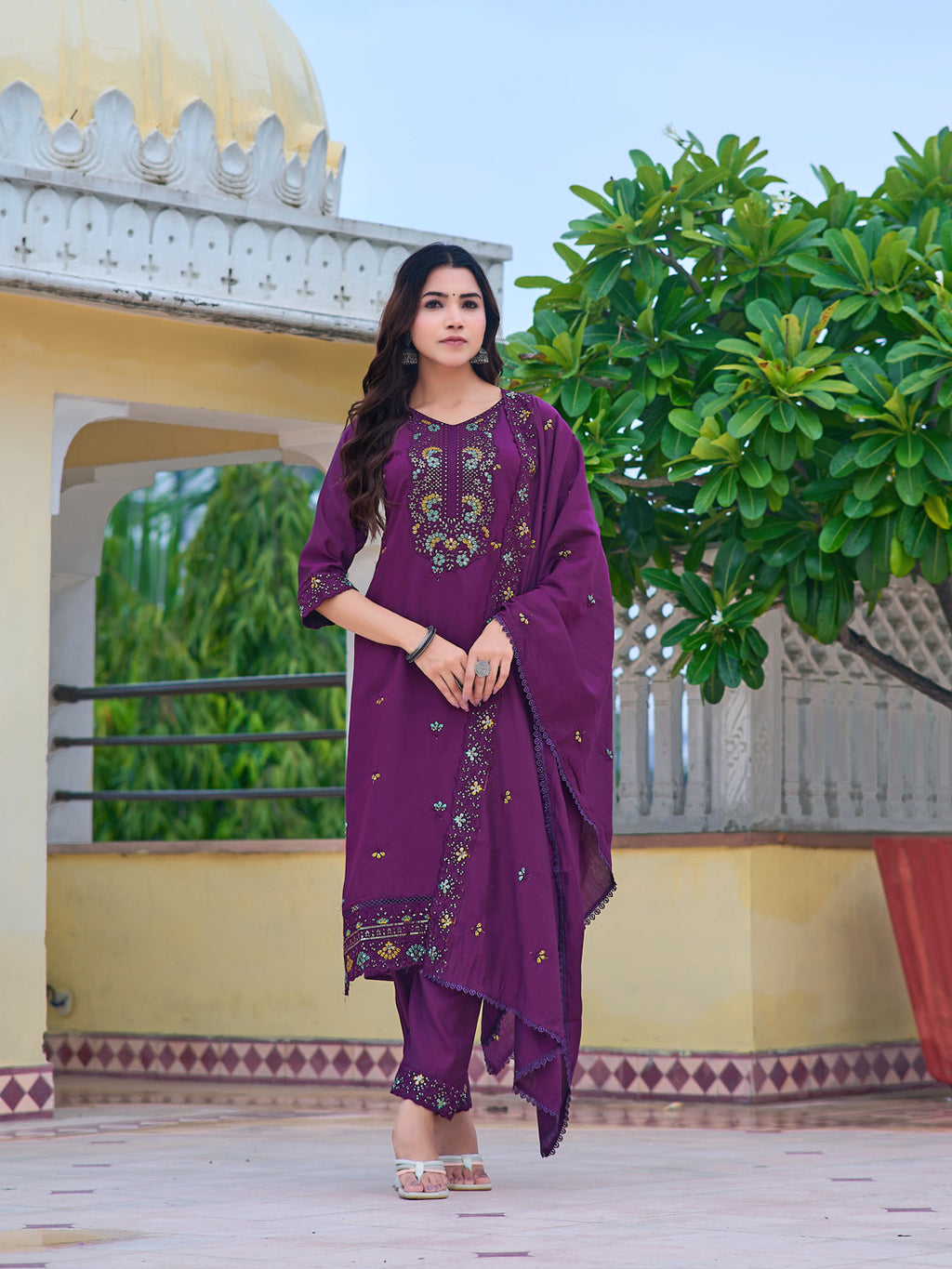 Embroidered Kurta With Pant & Embroidered Dupatta, Purple - Hiral Fashion | Grocsy