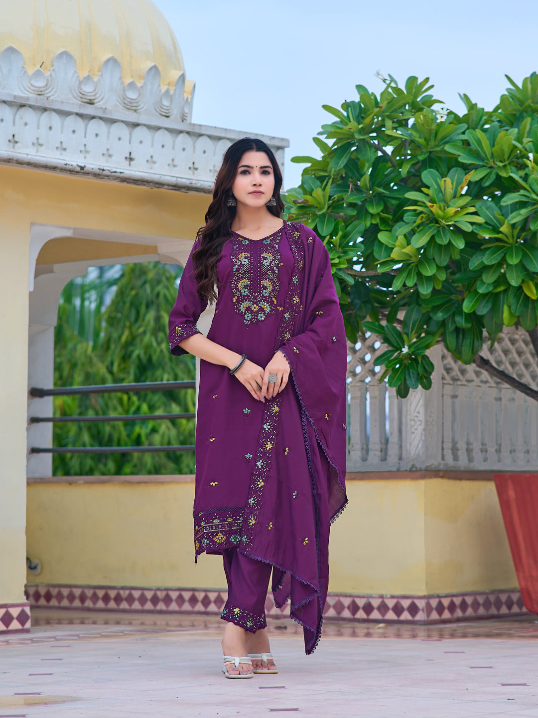 Embroidered Kurta With Pant & Embroidered Dupatta, Purple - Hiral Fashion | Grocsy
