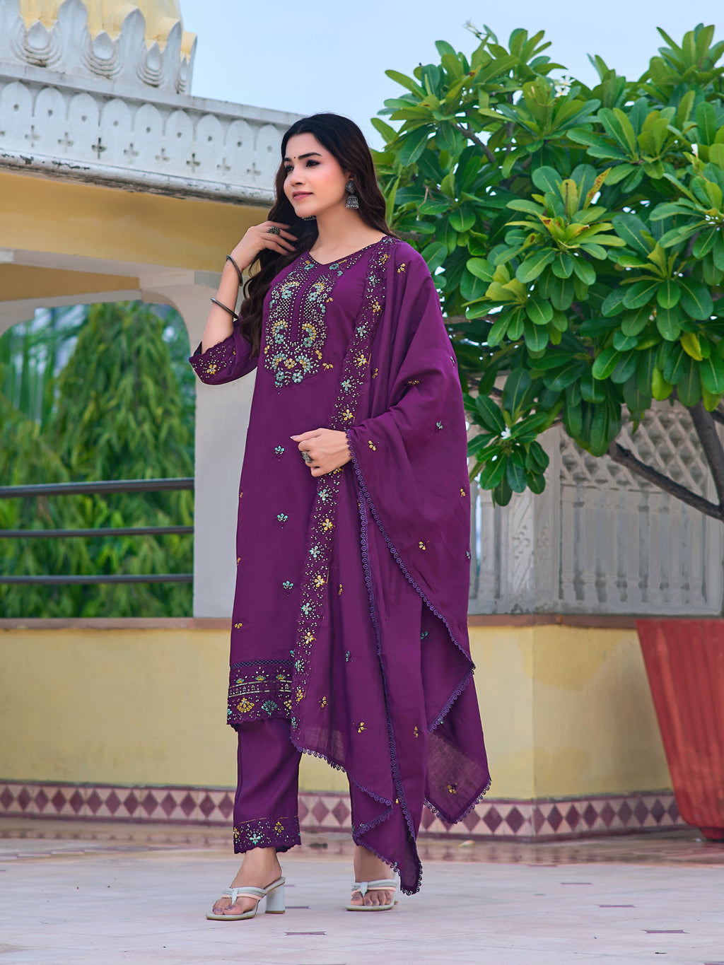 Embroidered Kurta With Pant & Embroidered Dupatta, Purple - Hiral Fashion | Grocsy