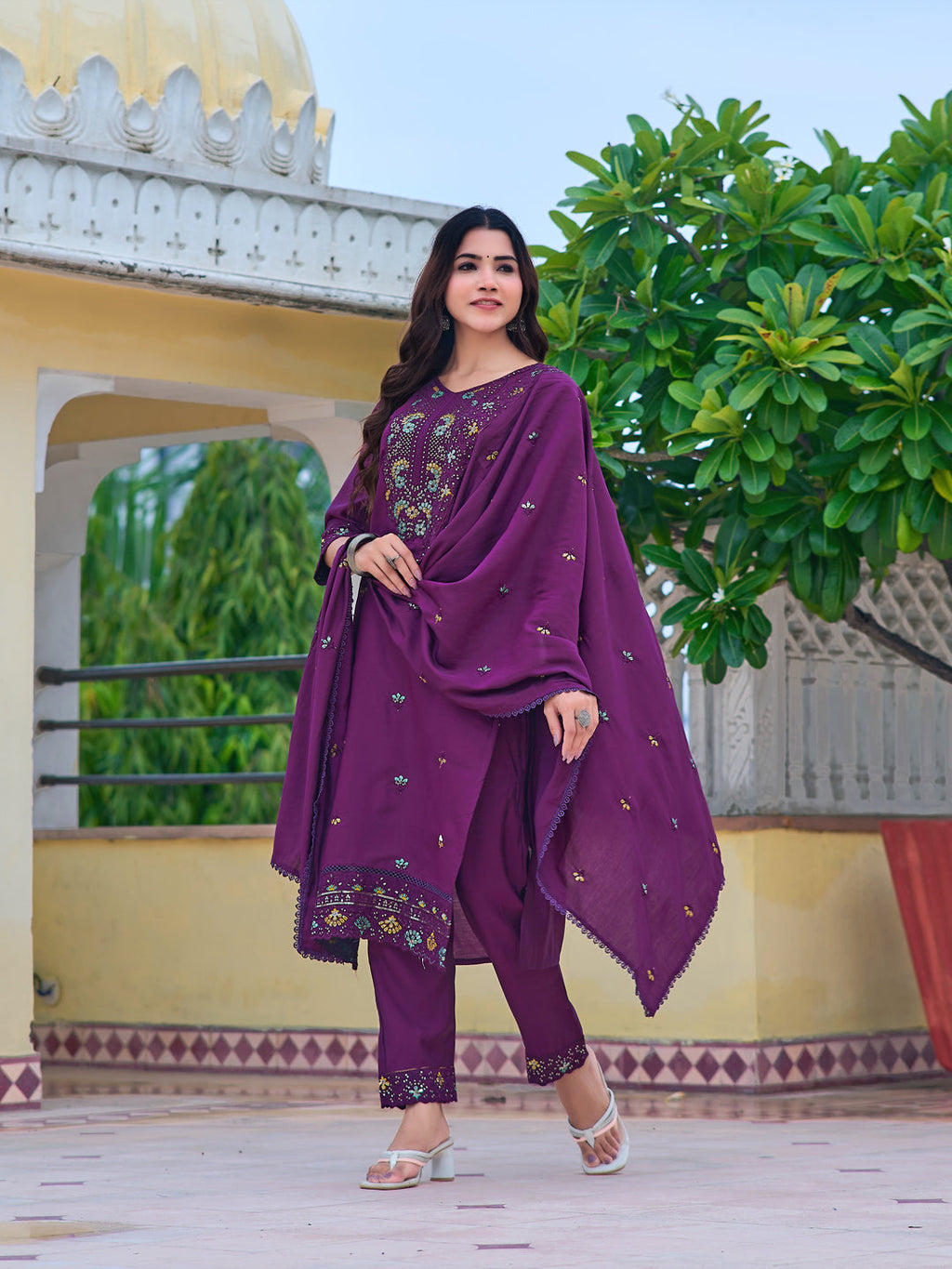 Embroidered Kurta With Pant & Embroidered Dupatta, Purple - Hiral Fashion | Grocsy